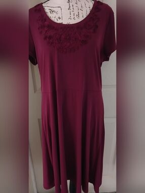 Coldwater Creek Wine Floral-Applique Scoop-Neck Dress